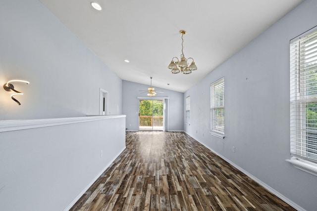 280 Quail Run Rd, Branson, MO 65616 - unfurnished dining area with a chandelier, dark wood finished floors, and vaulted ceiling