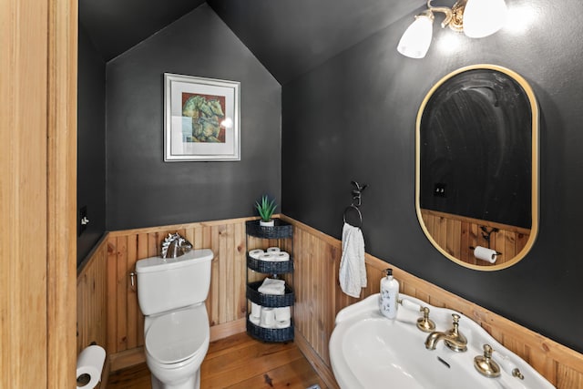 6420 E Turner Springs Rd, Springfield, MO 65809 - bathroom with vaulted ceiling, a wainscoted wall, and wood finished floors