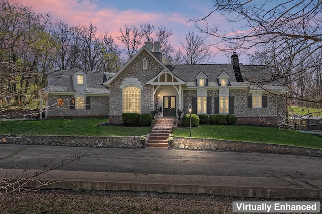 6420 E Turner Springs Rd, Springfield, MO 65809 - view of front of property featuring a chimney, a front lawn, and stone siding