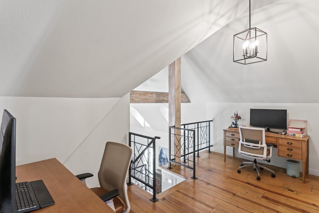 6420 E Turner Springs Rd, Springfield, MO 65809 - home office featuring vaulted ceiling, hardwood / wood-style flooring, and a chandelier