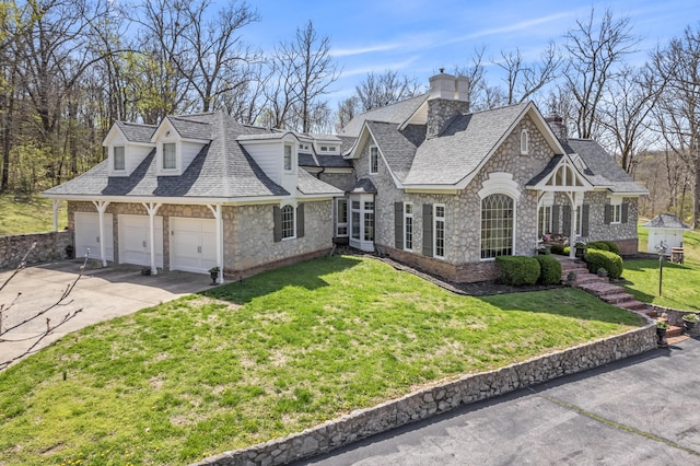 6420 E Turner Springs Rd, Springfield, MO 65809 - french country home featuring stone siding, concrete driveway, roof with shingles, a chimney, and a front yard