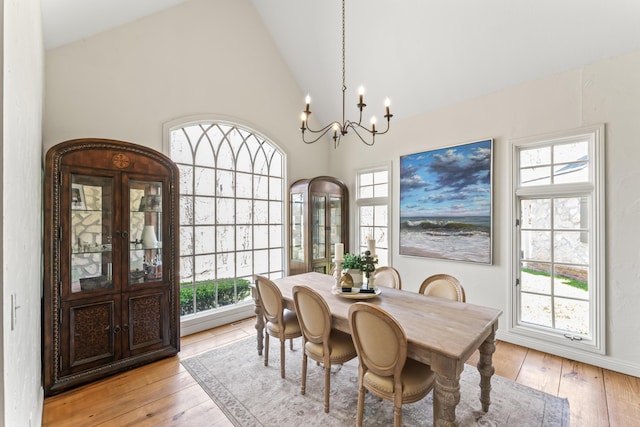 6420 E Turner Springs Rd, Springfield, MO 65809 - dining area featuring a chandelier, healthy amount of natural light, light wood finished floors, and high vaulted ceiling