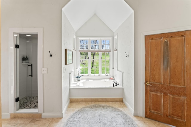 6420 E Turner Springs Rd, Springfield, MO 65809 - full bathroom with a shower stall, a bath, lofted ceiling, and tile patterned floors