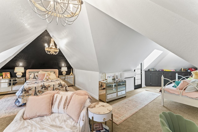 6420 E Turner Springs Rd, Springfield, MO 65809 - bedroom with a chandelier, lofted ceiling, a textured ceiling, and carpet flooring