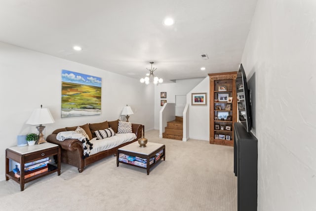 6420 E Turner Springs Rd, Springfield, MO 65809 - living area featuring light colored carpet, stairs, a chandelier, and recessed lighting