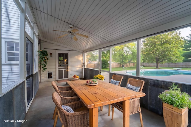 600 E Boone St, Ash Grove, MO 65604 - sunroom with ceiling fan, vaulted ceiling, and outdoor dining space