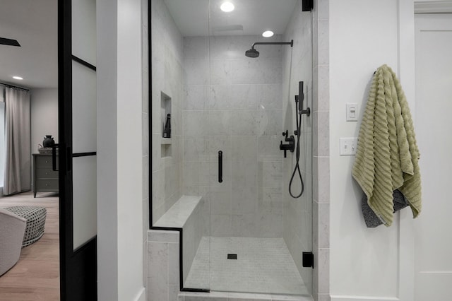 12451 State Highway 174, Billings, MO 65610 - full bathroom featuring a shower stall, wood finished floors, and recessed lighting