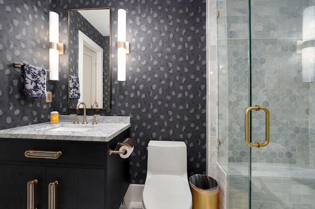 12451 State Highway 174, Billings, MO 65610 - bathroom featuring wallpapered walls, vanity, and a stall shower