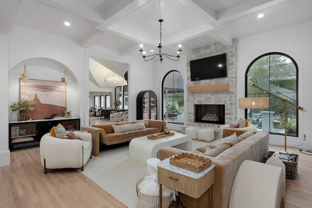 12451 State Highway 174, Billings, MO 65610 - living area featuring a chandelier, wood finished floors, beamed ceiling, coffered ceiling, and recessed lighting