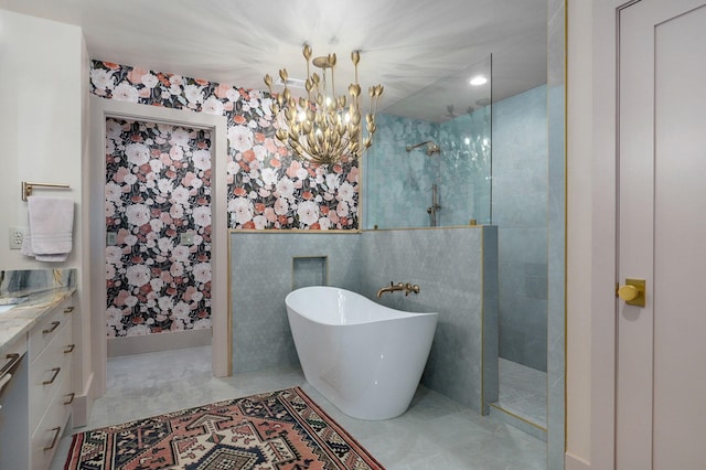 12451 State Highway 174, Billings, MO 65610 - bathroom featuring a walk in shower, a freestanding bath, vanity, a chandelier, and recessed lighting