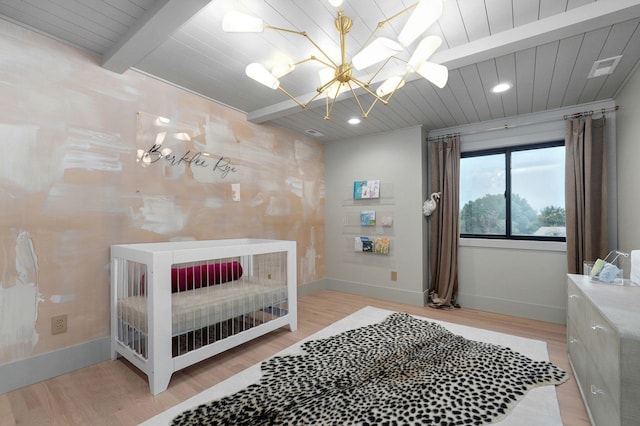12451 State Highway 174, Billings, MO 65610 - bedroom featuring a chandelier, a wood ceiling with exposed beams, light wood-style floors, and recessed lighting