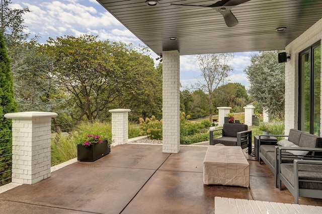 12451 State Highway 174, Billings, MO 65610 - view of patio featuring ceiling fan, an outdoor hangout area, and view of wooded area