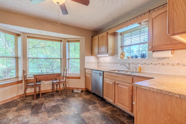 252 N Hightower Ave, Nixa, MO 65714 - kitchen with stainless steel dishwasher, tasteful backsplash, light countertops, a textured ceiling, and a ceiling fan
