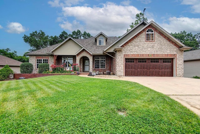 1108 N 18th Ave, Ozark, MO 65721 - view of front of house with an attached garage, driveway, a front lawn, a shingled roof, and stone siding