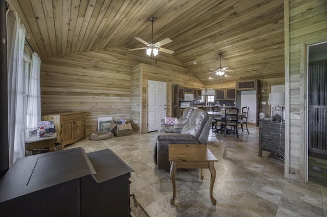 12132 W Farm Road 18, Walnut Grove, MO 65770 - living room with a ceiling fan, lofted ceiling, wood walls, and wooden ceiling