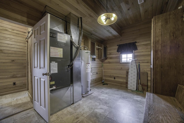 12132 W Farm Road 18, Walnut Grove, MO 65770 - bathroom with water heater, wooden walls, wooden ceiling, and heating unit