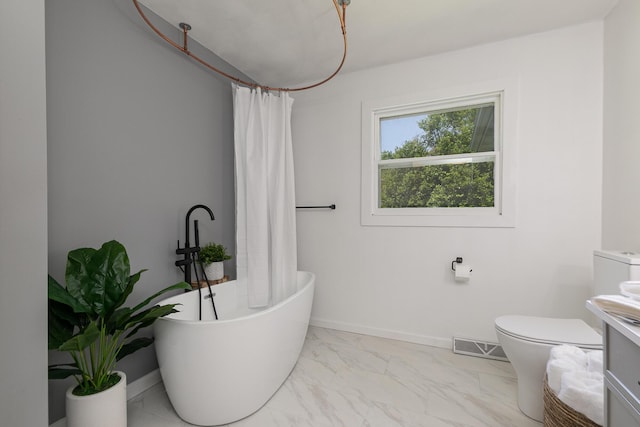 2225 N Plainview Ave, Springfield, MO 65803 - bathroom with a soaking tub, marble finish floors, vanity, and a shower with curtain