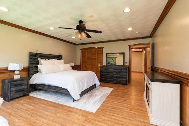 2225 N Plainview Ave, Springfield, MO 65803 - bedroom with recessed lighting, a wainscoted wall, ornamental molding, light wood-style flooring, and ceiling fan
