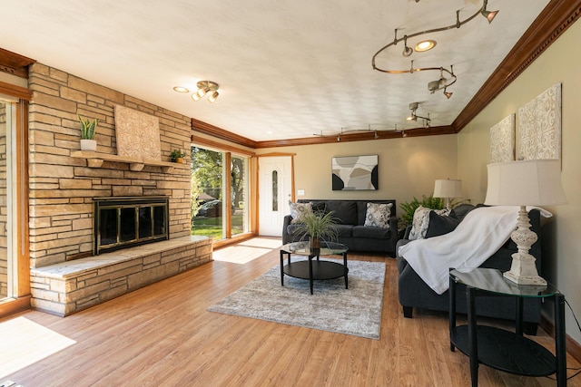 2225 N Plainview Ave, Springfield, MO 65803 - living area with crown molding, track lighting, light wood-type flooring, and a fireplace