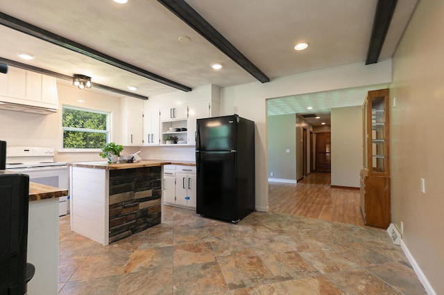 2225 N Plainview Ave, Springfield, MO 65803 - kitchen featuring freestanding refrigerator, wooden counters, white electric range oven, open shelves, and beamed ceiling