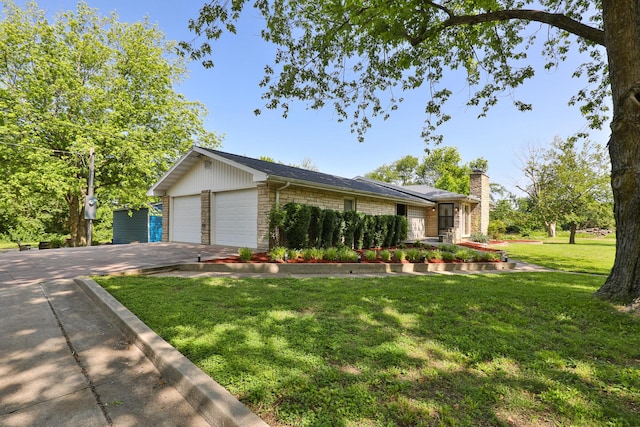 2225 N Plainview Ave, Springfield, MO 65803 - ranch-style home featuring concrete driveway, stone siding, a chimney, a front lawn, and an attached garage
