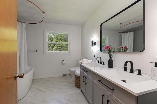 2225 N Plainview Ave, Springfield, MO 65803 - full bath featuring marble look tiles, double vanity, curtained shower, and a tub