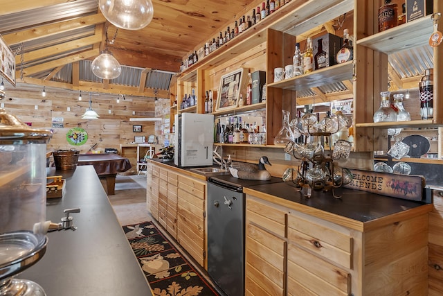 11996 N Farm Rd Unit 119, Brighton, MO 65617 - kitchen with dark countertops, open shelves, fridge, wooden walls, and wood ceiling