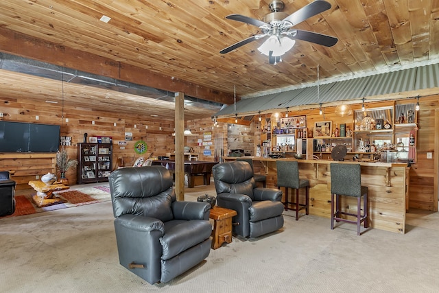 11996 N Farm Rd Unit 119, Brighton, MO 65617 - living area featuring wood walls, carpet flooring, and a ceiling fan
