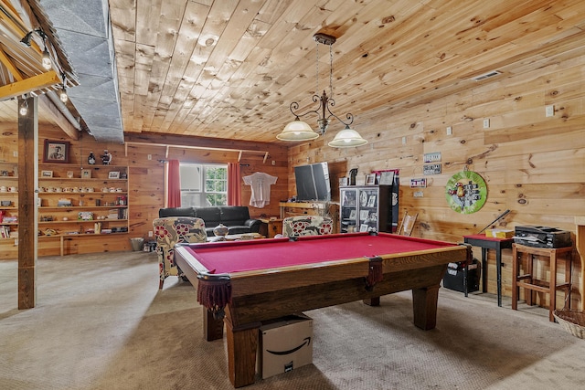 11996 N Farm Rd Unit 119, Brighton, MO 65617 - rec room featuring carpet, wooden walls, pool table, and wood ceiling