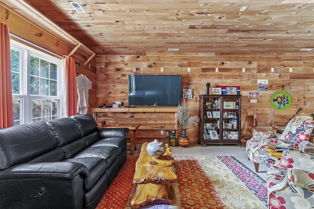 11996 N Farm Rd Unit 119, Brighton, MO 65617 - living room featuring wooden ceiling, carpet flooring, and wooden walls