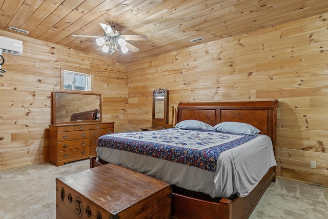 11996 N Farm Rd Unit 119, Brighton, MO 65617 - bedroom featuring light carpet, a wall unit AC, wooden ceiling, wooden walls, and a ceiling fan