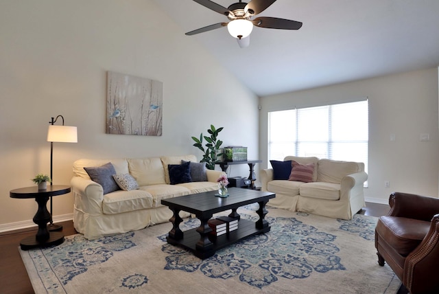 185 Tanner Rd, Branson, MO 65616 - living room featuring ceiling fan, high vaulted ceiling, and wood finished floors