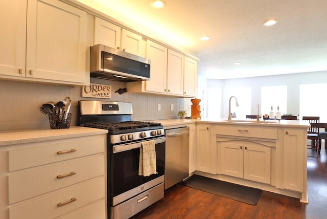 185 Tanner Rd, Branson, MO 65616 - kitchen with stainless steel appliances, a peninsula, light countertops, recessed lighting, and dark wood-type flooring
