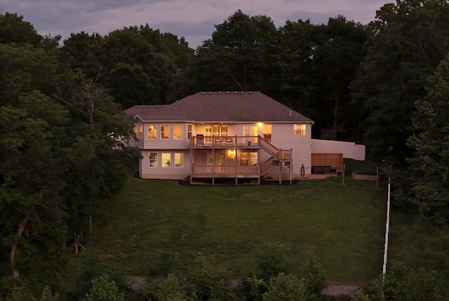 185 Tanner Rd, Branson, MO 65616 - rear view of house with a yard, stairs, a view of trees, and a wooden deck