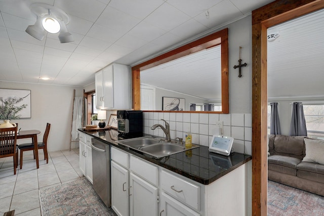 901 S 5th St, Ozark, MO 65721 - kitchen featuring dishwasher, dark countertops, a ceiling fan, white cabinets, and ornamental molding