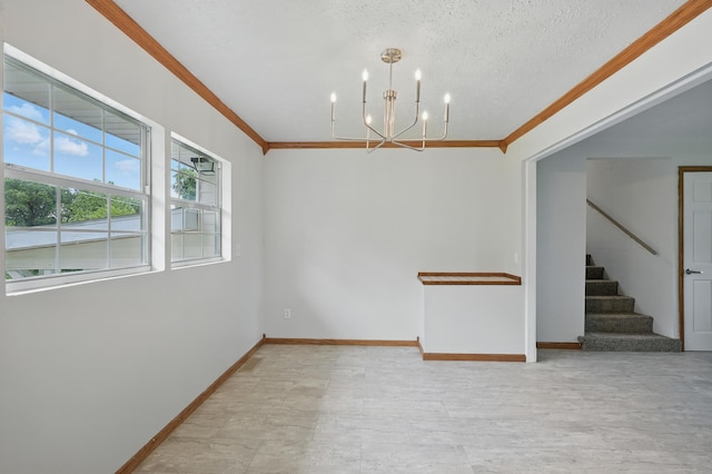 14289 Bethel Rd, Seneca, MO 64865 - empty room with crown molding, a chandelier, and stairs