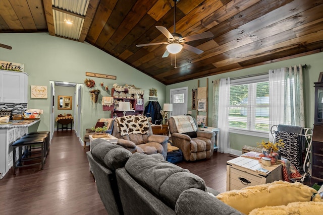 720 E Burford St, Marshfield, MO 65706 - living area with ceiling fan, wooden ceiling, dark wood-type flooring, and high vaulted ceiling