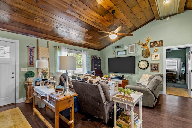720 E Burford St, Marshfield, MO 65706 - living room featuring wooden ceiling, vaulted ceiling, a ceiling fan, and dark wood-style floors