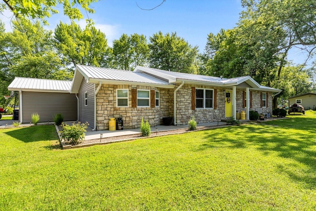 720 E Burford St, Marshfield, MO 65706 - ranch-style house featuring stone siding, a front yard, and a metal roof