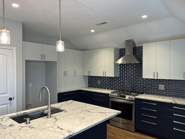 201 Sparrow Ln, Willard, MO 65781 - kitchen with stainless steel range with gas cooktop, wall chimney exhaust hood, lofted ceiling, dark wood-style flooring, and backsplash