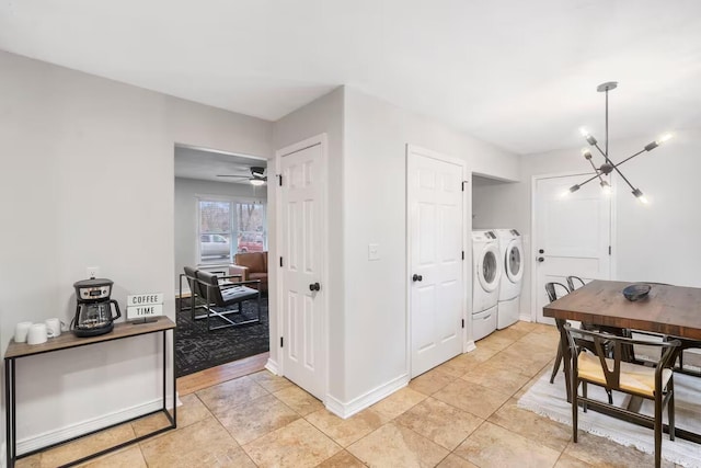 2436 S National Ave, Springfield, MO 65804 - laundry area with washer and dryer, a chandelier, light tile patterned flooring, and a ceiling fan