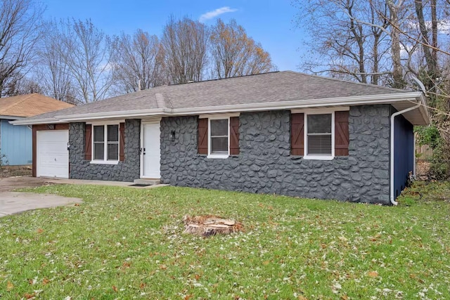 2436 S National Ave, Springfield, MO 65804 - single story home with stone siding, a garage, a front lawn, a shingled roof, and concrete driveway