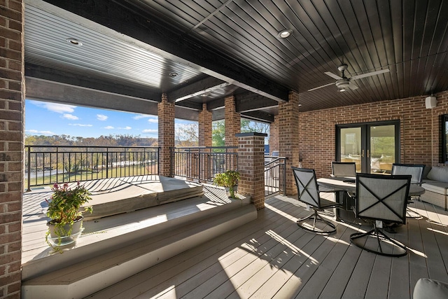 621 S Woodhaven Rd, Nixa, MO 65714 - wooden deck with ceiling fan, outdoor dining space, and french doors