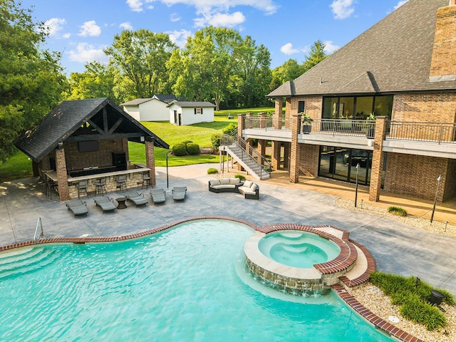 621 S Woodhaven Rd, Nixa, MO 65714 - view of swimming pool with a gazebo, exterior bar, a patio area, a wooden deck, and stairs