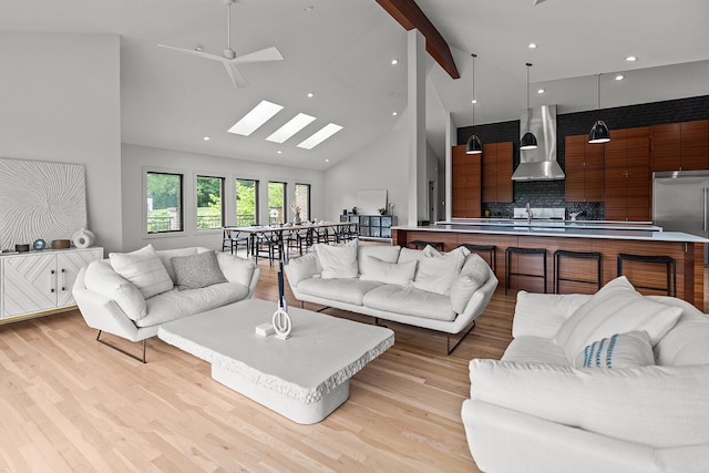621 S Woodhaven Rd, Nixa, MO 65714 - living area with a skylight, high vaulted ceiling, light wood finished floors, beam ceiling, and recessed lighting