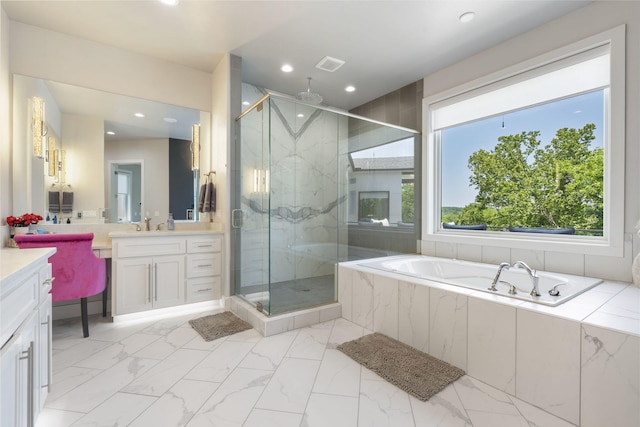 5817 E Summit View Dr, Springfield, MO 65809 - bathroom with vanity, a marble finish shower, a bath, marble look tiles, and recessed lighting
