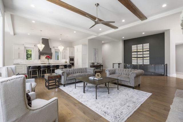 5817 E Summit View Dr, Springfield, MO 65809 - living room featuring beam ceiling, a ceiling fan, a chandelier, wood finished floors, and recessed lighting
