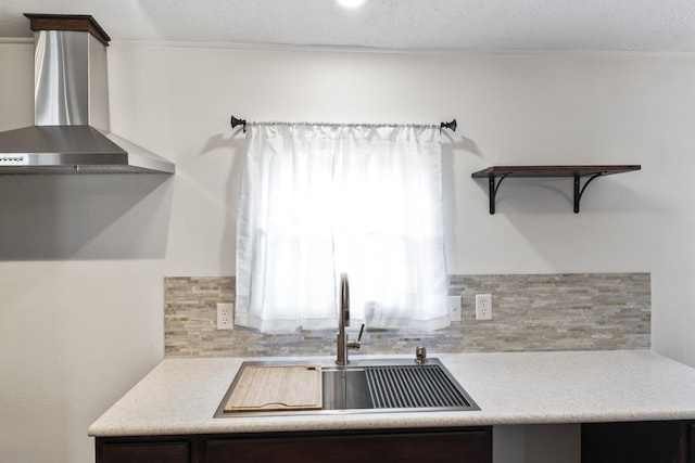 150 Woodward Dr, Branson, MO 65616 - kitchen featuring wall chimney range hood, backsplash, open shelves, and light countertops