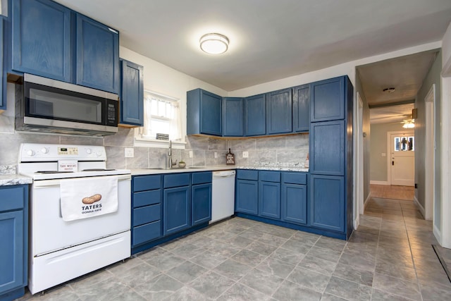 1612 N Grant Ave, Springfield, MO 65803 - kitchen with white appliances, blue cabinetry, light countertops, backsplash, and ceiling fan