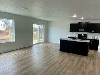 608 N Cheyenne Valley Rd, Nixa, MO 65714 - kitchen with dark cabinets, black microwave, light wood-style floors, open floor plan, and recessed lighting
